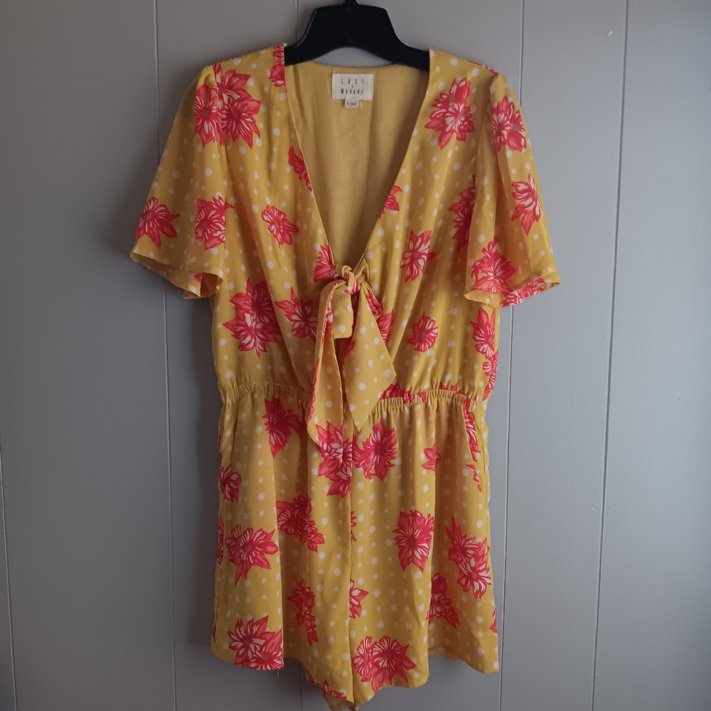Lost And Wander Yellow Floral Romper with Pink Accents Size M